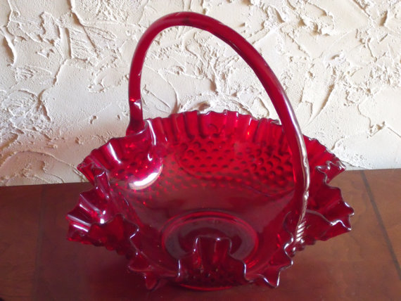 1970s Ruby Red Fenton Hobnail Basket With Handle And Embossed Fenton Mark On Bottom