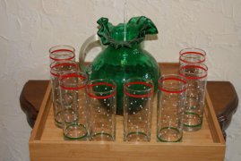Mix And Match Lemonade Set Fenton Style Jamestown Green Pitcher With Stir Stick And 8 Polka Dot Tumblers